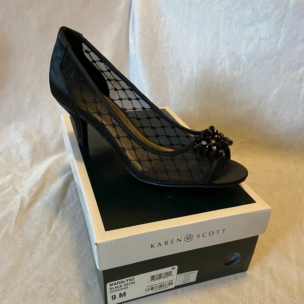 Karen Scott Maralyn Peep-Toe Evening Pumps- Black Satin